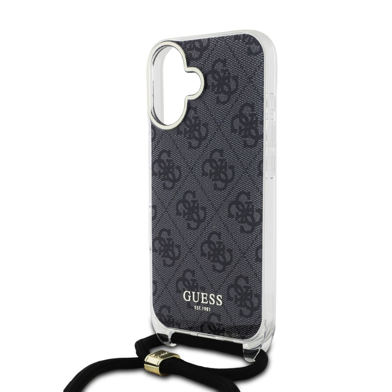 Guess IML 4G nyomtatott keresztpántos hátlapi borító iPhone 16-hoz Fekete