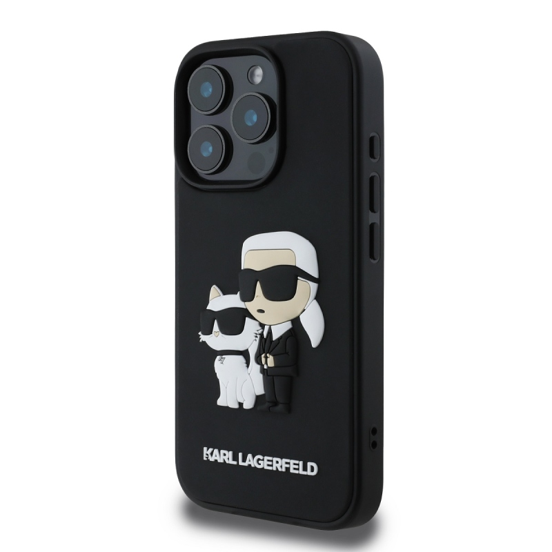 Karl Lagerfeld 3D gumiból készült Karl és Choupette hátlap iPhone 16 Pro Max készülékhez Fekete