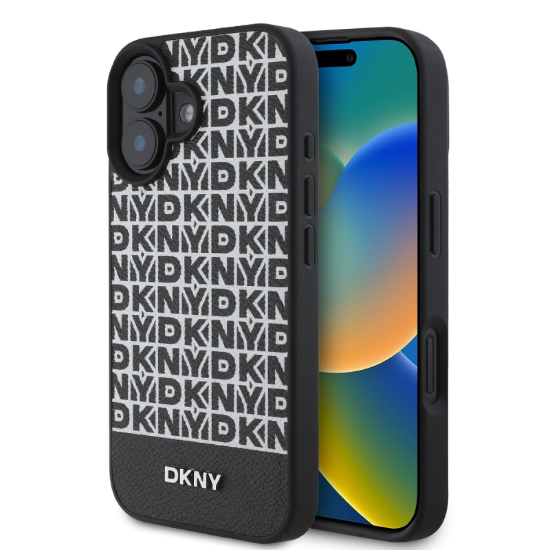 DKNY PU bőr ismétlődő mintás alsó csíkos MagSafe hátlap iPhone 16 Plus-hoz Fekete