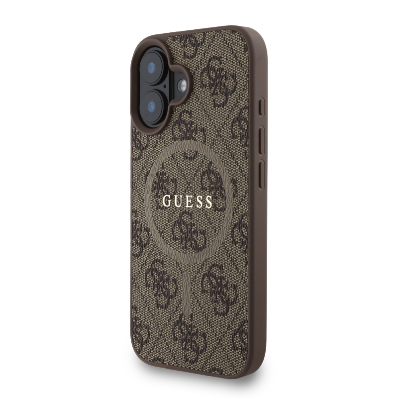 Guess PU bőr 4G színes gyűrűs pánt MagSafe hátlap iPhone 16-hoz Barna barna