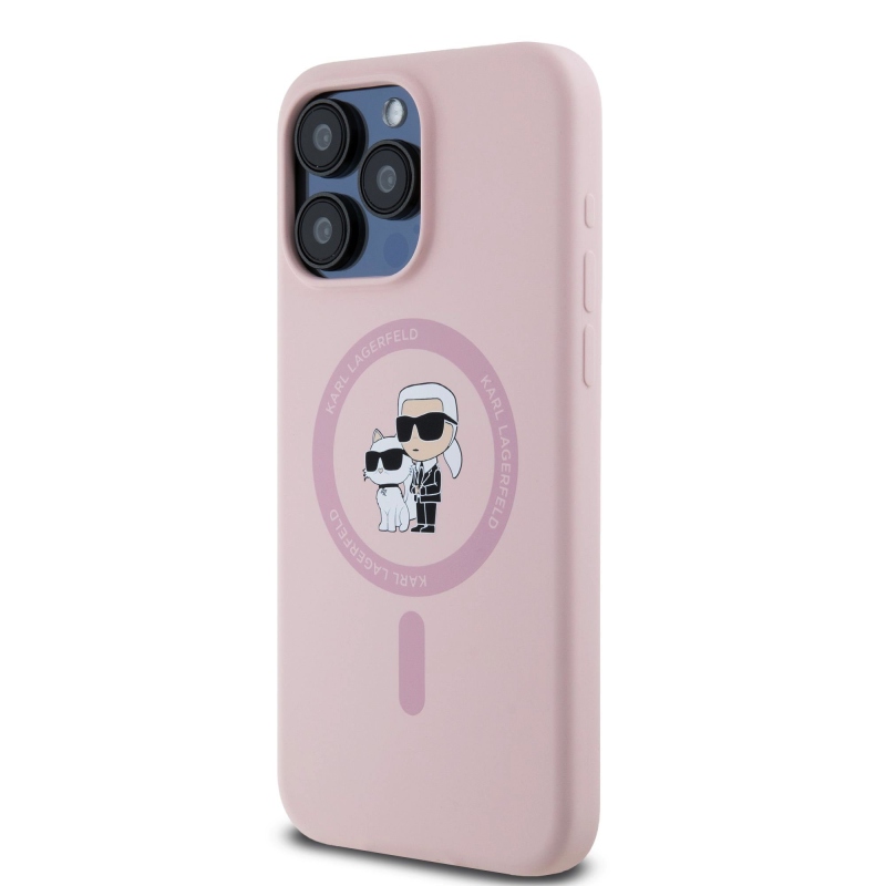 Karl Lagerfeld Folyékony szilikon Karl és Choupette Magsafe hátlap iPhone 15 Pro Max rózsaszínű készülékhez