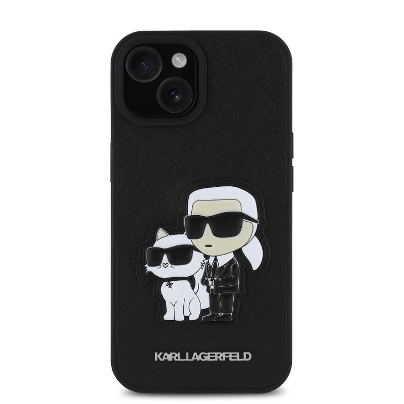 Karl Lagerfeld PU Saffiano Karl és Choupette hátlap iPhone 15-hez Fekete