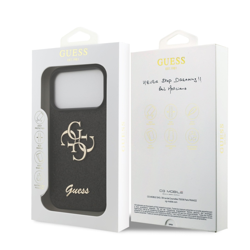 Guess PU Fixed Glitter 4G fém logó hátlap iPhone 17 Pro Fekete