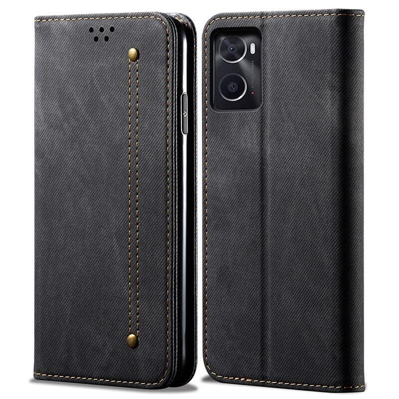 Jeans PU bőr pénztárca tok mobiltelefonhoz Realme 9i - fekete