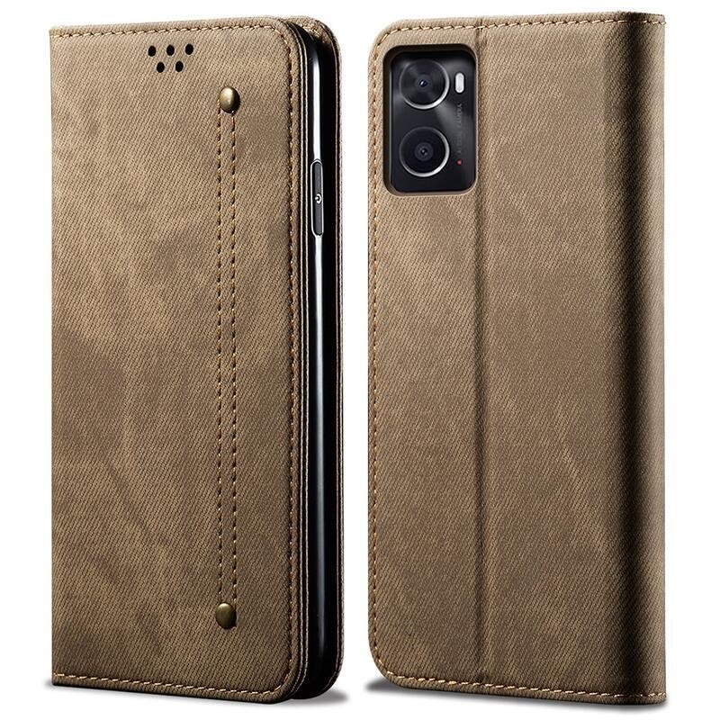 Jeans PU bőr pénztárca mobiltelefon tok Realme 9i - khaki színű