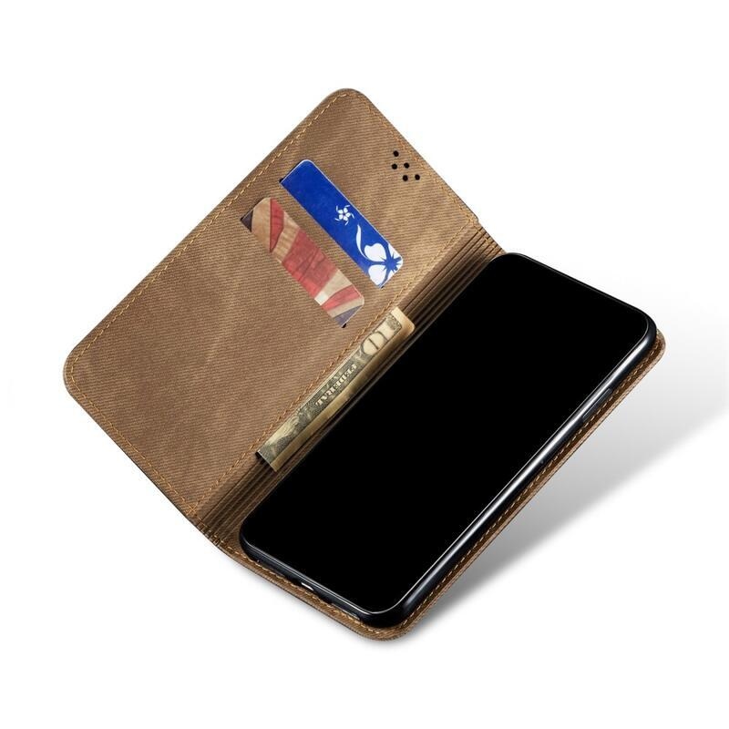 Jeans PU bőr pénztárca mobiltelefon tok Realme 9i - khaki színű