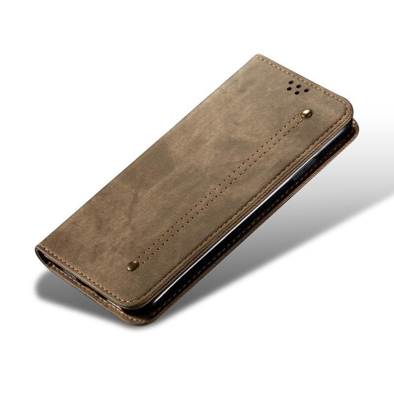 Jeans PU bőr pénztárca mobiltelefon tok Realme 9i - khaki színű