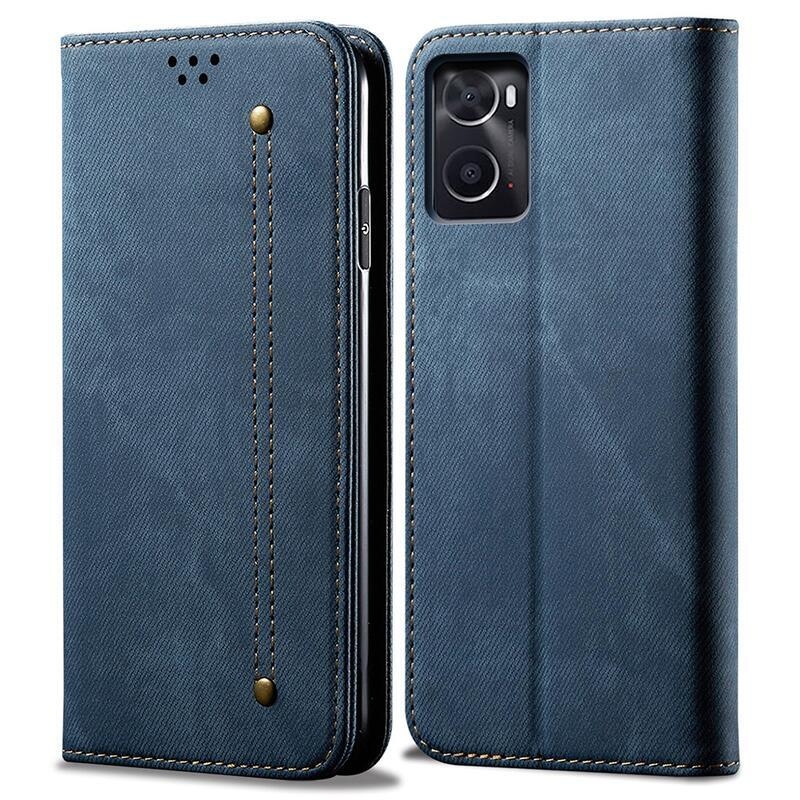 Jeans PU bőr pénztárca tok mobiltelefonhoz Realme 9i - kék