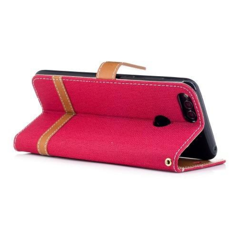 Jeans PU bőr / textil tok a Honor 7X-hez - piros színű