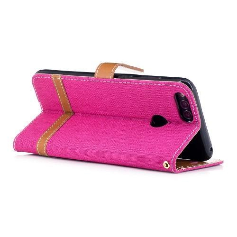Jeans PU bőr / textil tok a Honor 7X-hez - rózsaszínű