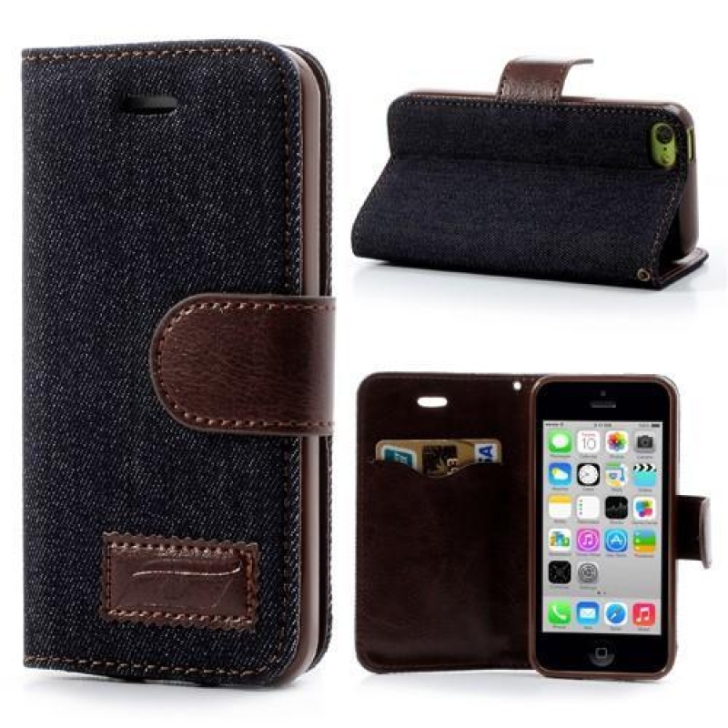 Jeans textil/PU bőr tok iPhone 5C készülékhez - fekete és kék