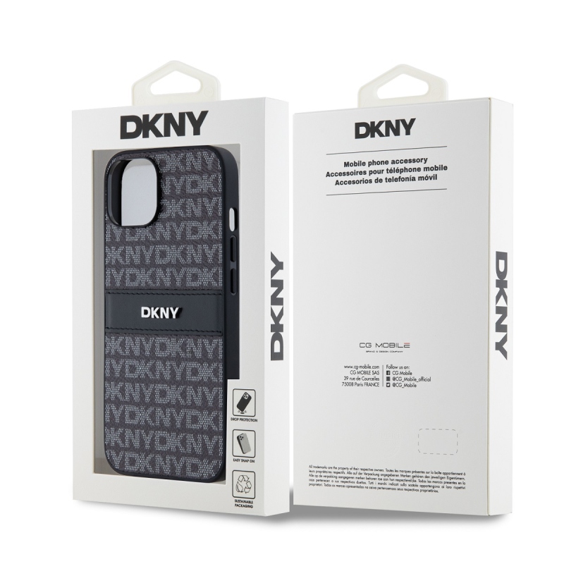DKNY PU bőr ismétlődő mintás tonális csíkos hátlapi borító iPhone 14-hez Fekete