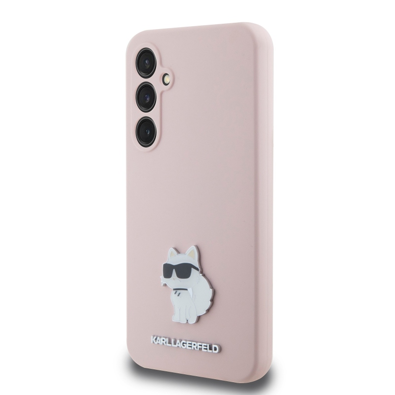 Karl Lagerfeld Folyékony szilikon fém Choupette hátlap Samsung Galaxy S23 FE rózsaszínű hátlaphoz