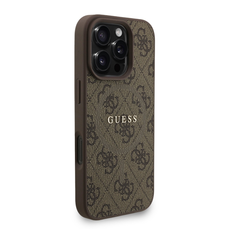 Guess PU bőr 4G színes gyűrűs pánt MagSafe hátsó borító iPhone 16 Pro barna színhez