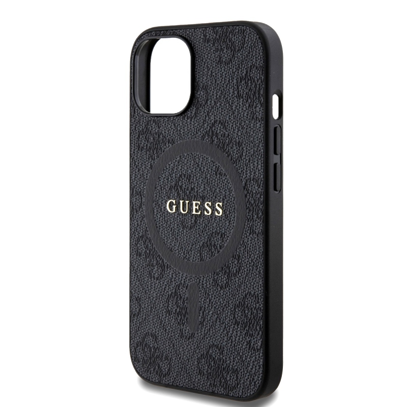 Guess PU bőr 4G színes gyűrűs MagSafe hátlap iPhone 15-hez Fekete