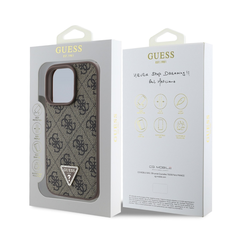 Guess PU 4G Strass háromszög fém logó hátlap iPhone 16 Pro barna színűre