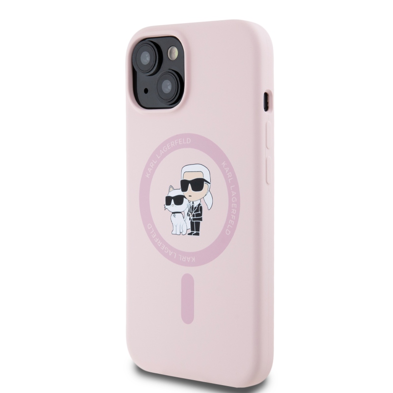 Karl Lagerfeld Folyékony szilikon Karl és Choupette Magsafe hátlap iPhone 15 rózsaszínű készülékhez