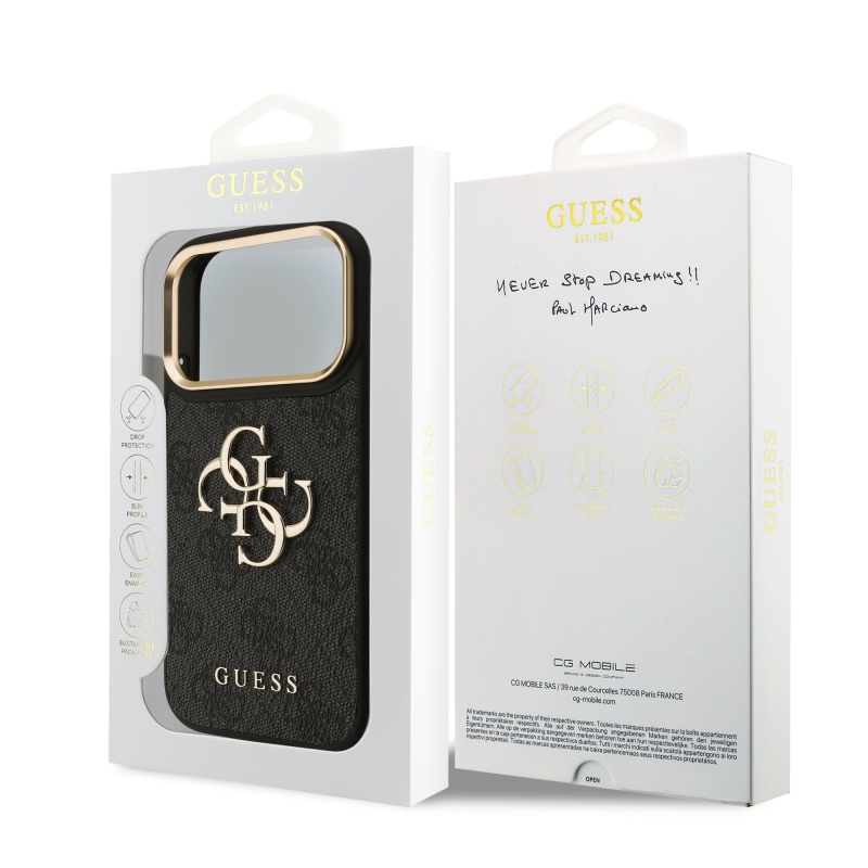 Guess PU bőr 4G fém logó arany keret hátlap iPhone 17 Pro fekete