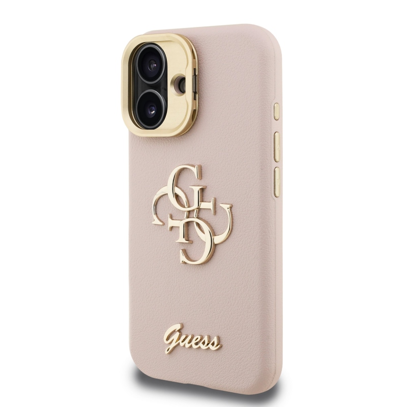 Guess PU szemcsés 4G Logo Stand Kamera keret hátlapi borító iPhone 16 rózsaszínhez