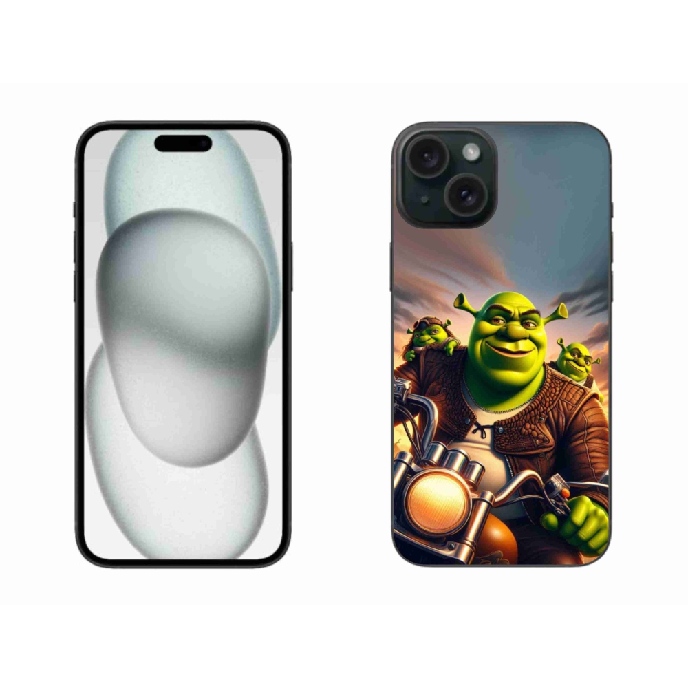 Zselés borítás mmCase iPhone 15 Plus készülékhez - Shrek egy motorkerékpáron