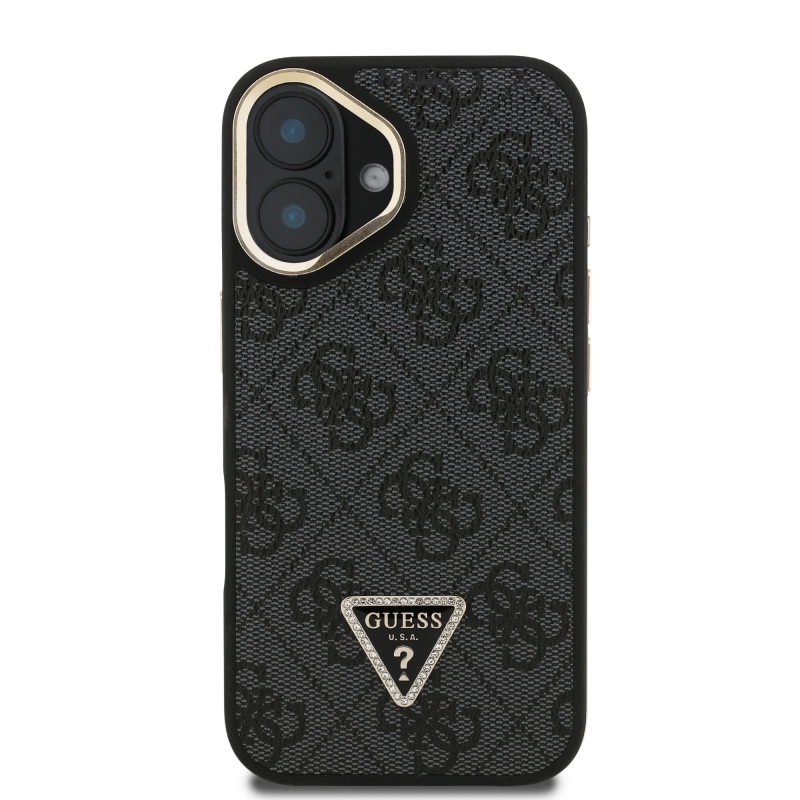 Guess PU 4G Strass háromszög logó állvány kamerakeret MagSafe hátlapi borító iPhone 16-hoz Fekete
