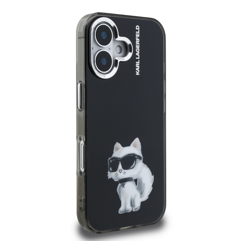 Karl Lagerfeld IML Aquarelle Choupette hátlapi borító iPhone 16-hoz Fekete