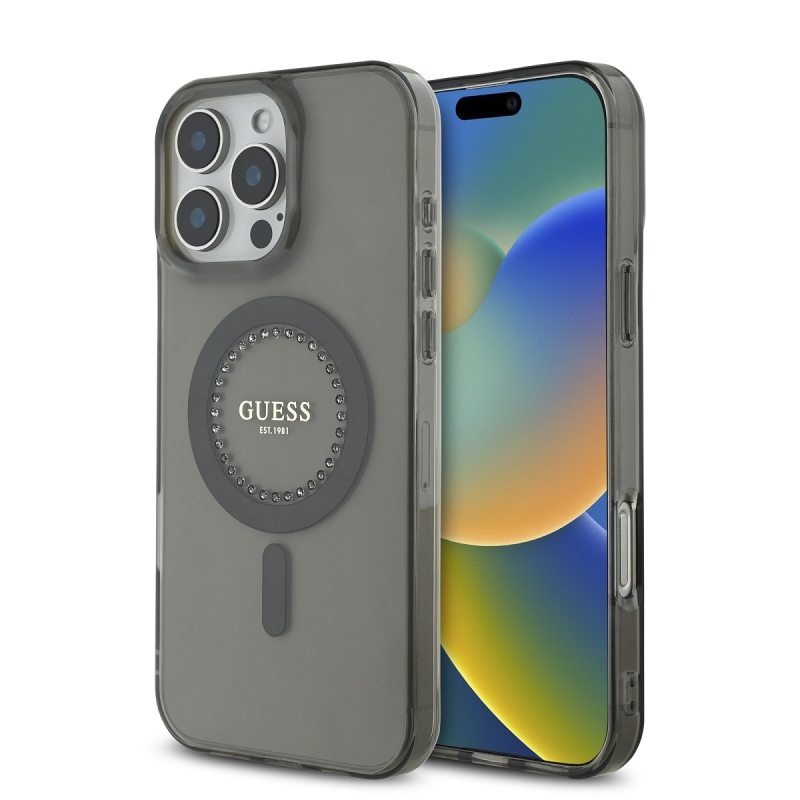 Guess IML strasszos gyűrű MagSafe hátlap iPhone 16 Pro fekete színű iPhone 16 Pro számára