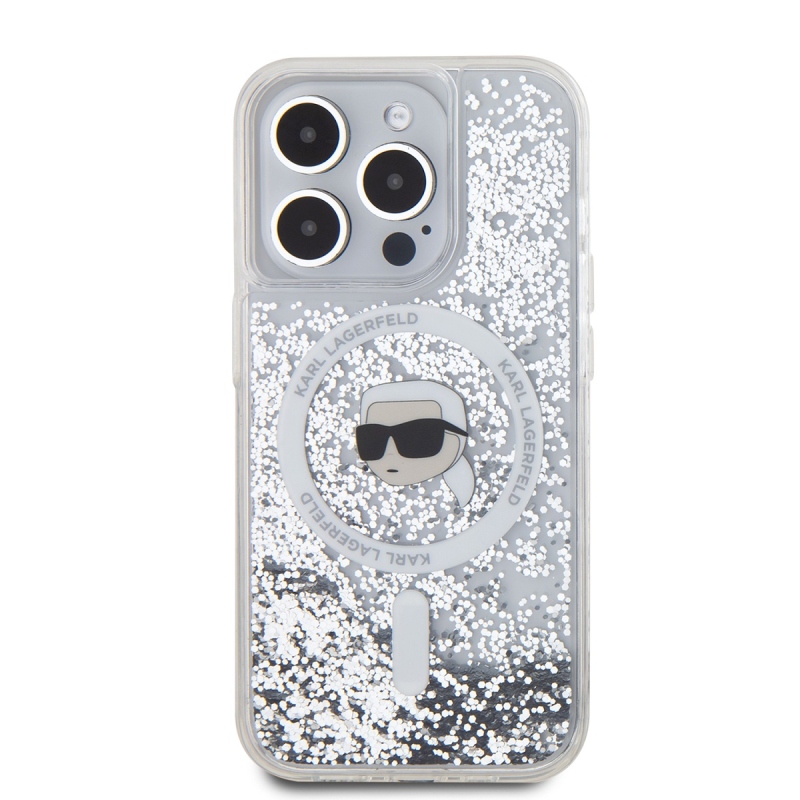 Karl Lagerfeld Liquid Glitter Karl Head Karl Head MagSafe hátlap iPhone 15 Pro-hoz Átlátszó