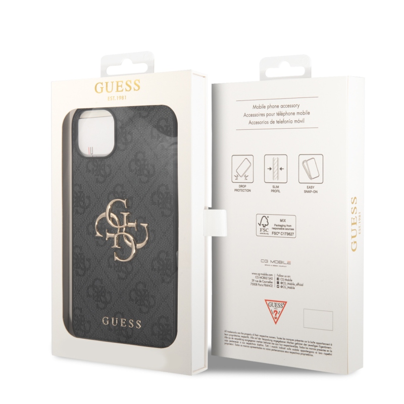 Guess PU 4G fém logós hátlap iPhone 15 Plus-hoz Szürke