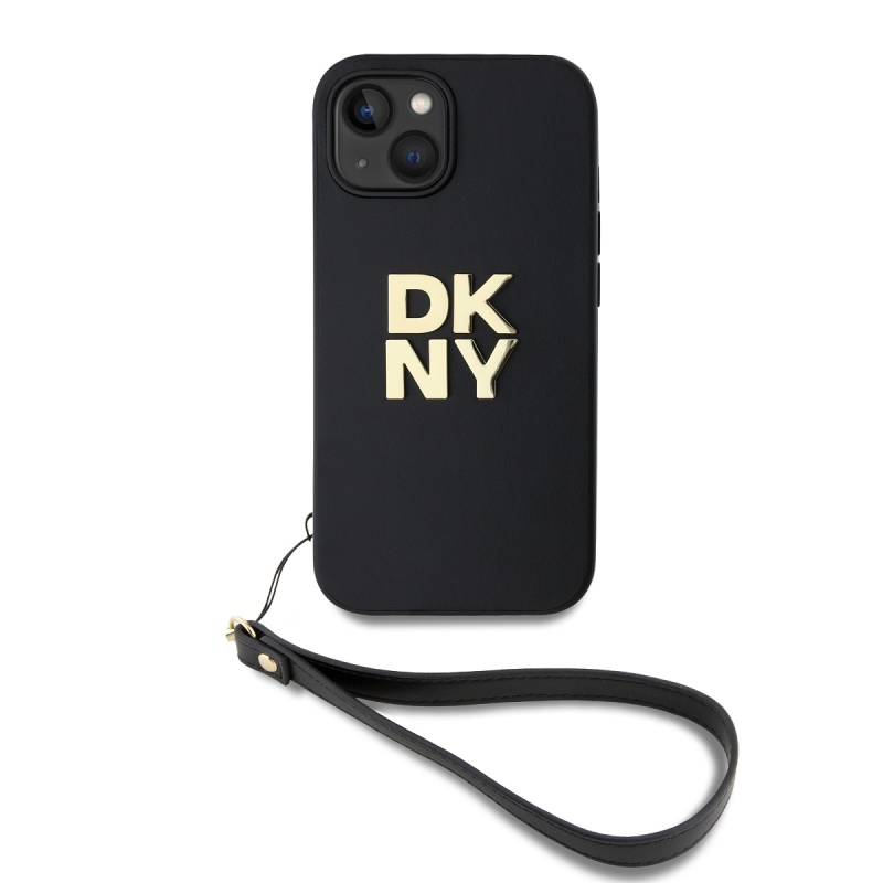 DKNY PU bőr Stack Logo csuklópánt hátlapi borító iPhone 15 Fekete