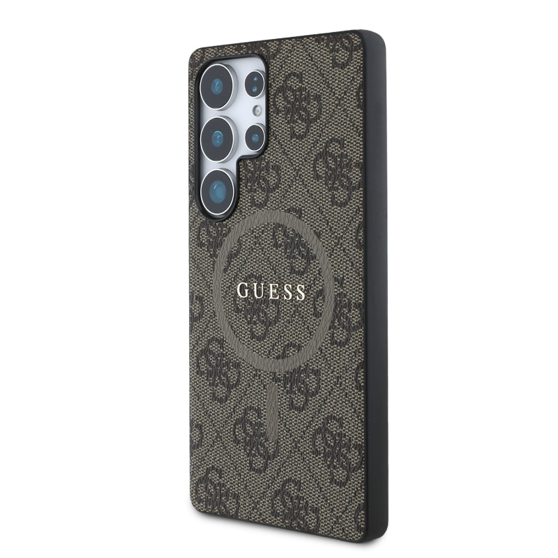 Guess PU bőr 4G színes gyűrűs MagSafe hátlap Samsung Galaxy S25 Ultra Brownhoz