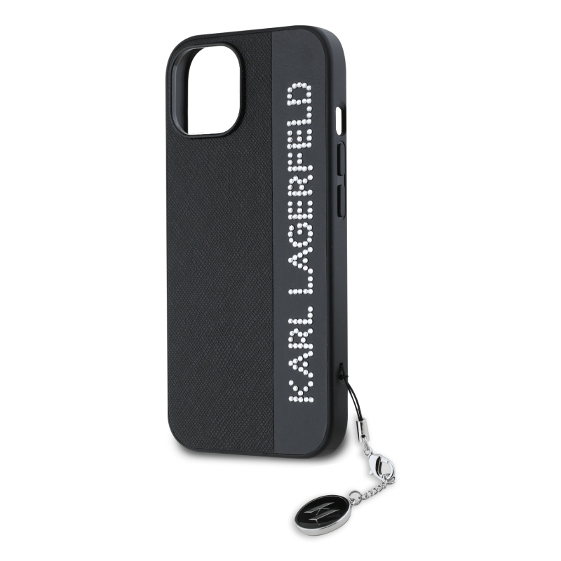 Karl Lagerfeld PU Saffiano strasszos varázslatos hátsó borító iPhone 15-hez Fekete