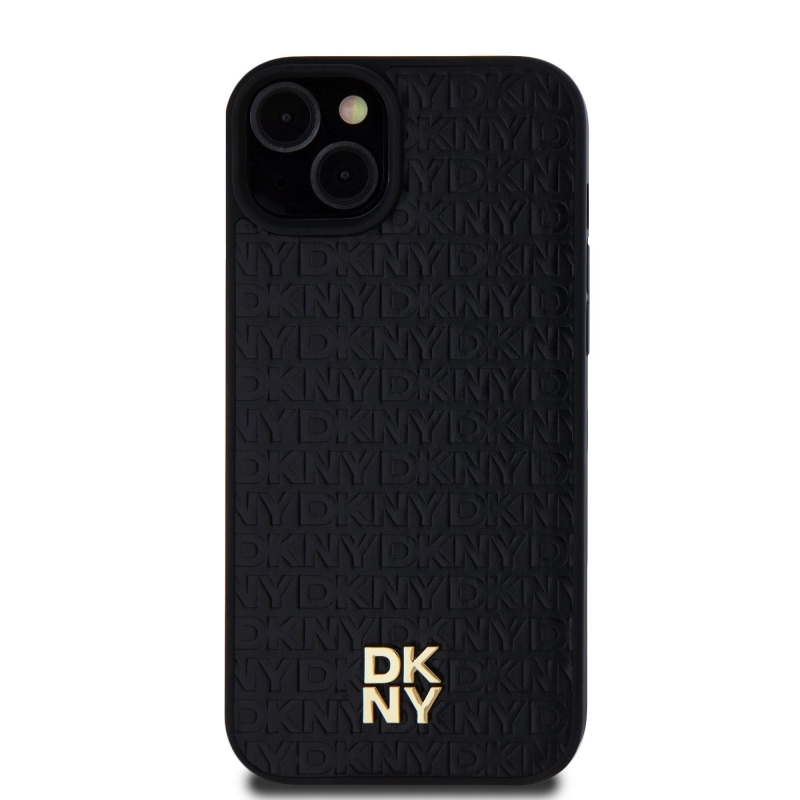 DKNY PU bőr Ismétlődő mintás Stack Logo Magsafe hátlap iPhone 15 Plus-hoz Fekete