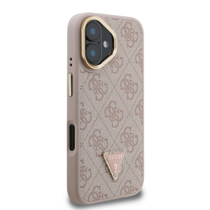 Guess PU 4G Strass háromszög logó állvány kamerakeret MagSafe hátlapi borító iPhone 16 rózsaszínhez