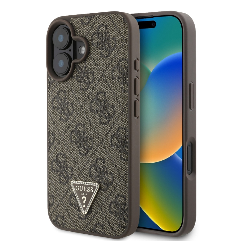 Guess PU 4G Strass háromszög fém logó hátlap iPhone 16-hoz barna barna