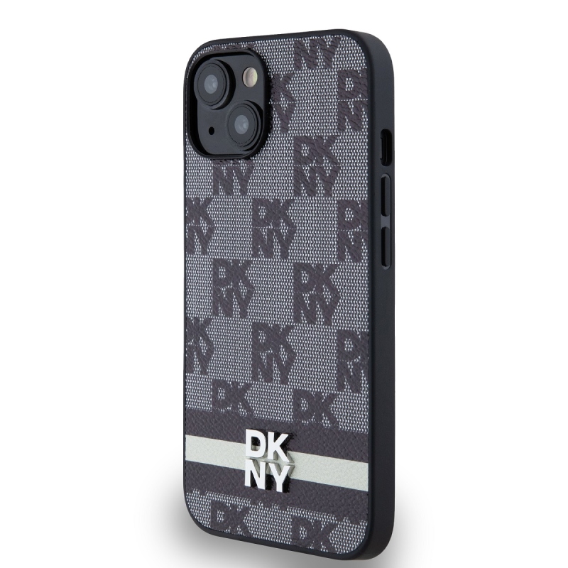 DKNY PU bőrből készült kockás mintás és csíkos hátlapi borító iPhone 14-hez Fekete