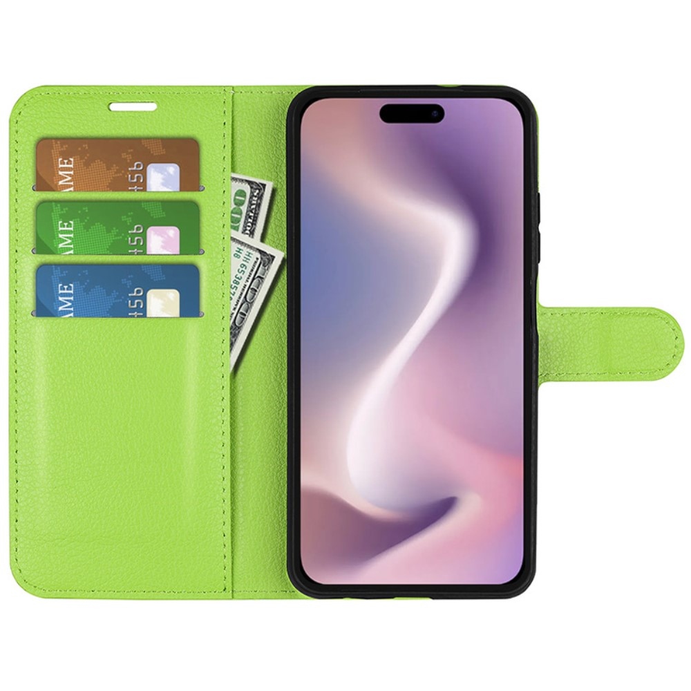 Litchi könyvtáska iPhone 16 Plus készülékhez - zöld