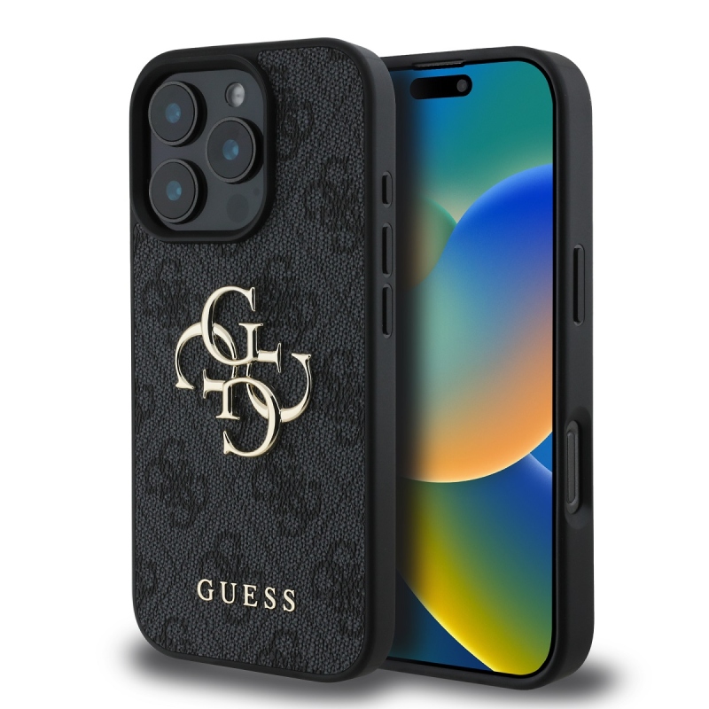 Guess PU 4G fém logó hátlap iPhone 16 Pro szürke