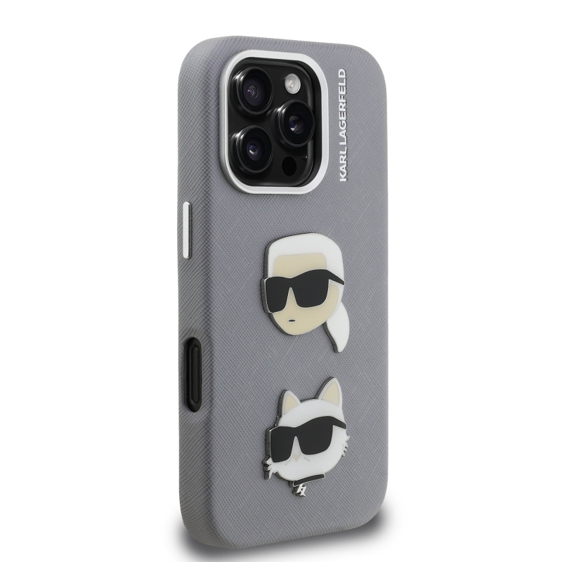 Karl Lagerfeld szemcsés PU K&CH Heads hátlap iPhone 16 Pro Max szürke számára