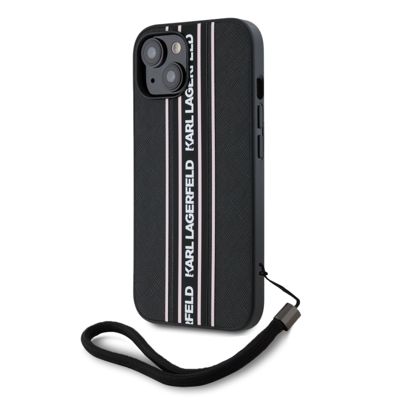 Karl Lagerfeld PU Saffiano Athleisure csíkos és pántos hátlapi borító iPhone 15 rózsaszínű készülékhez