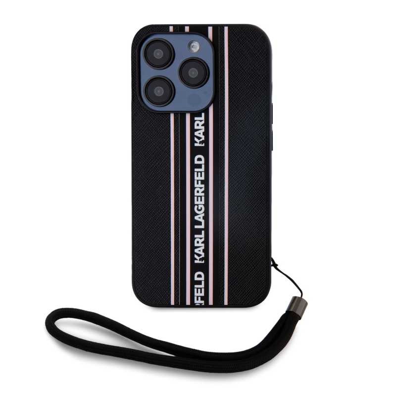 Karl Lagerfeld PU Saffiano Athleisure csíkos és pántos hátlap iPhone 15 Pro Max rózsaszínű készülékhez