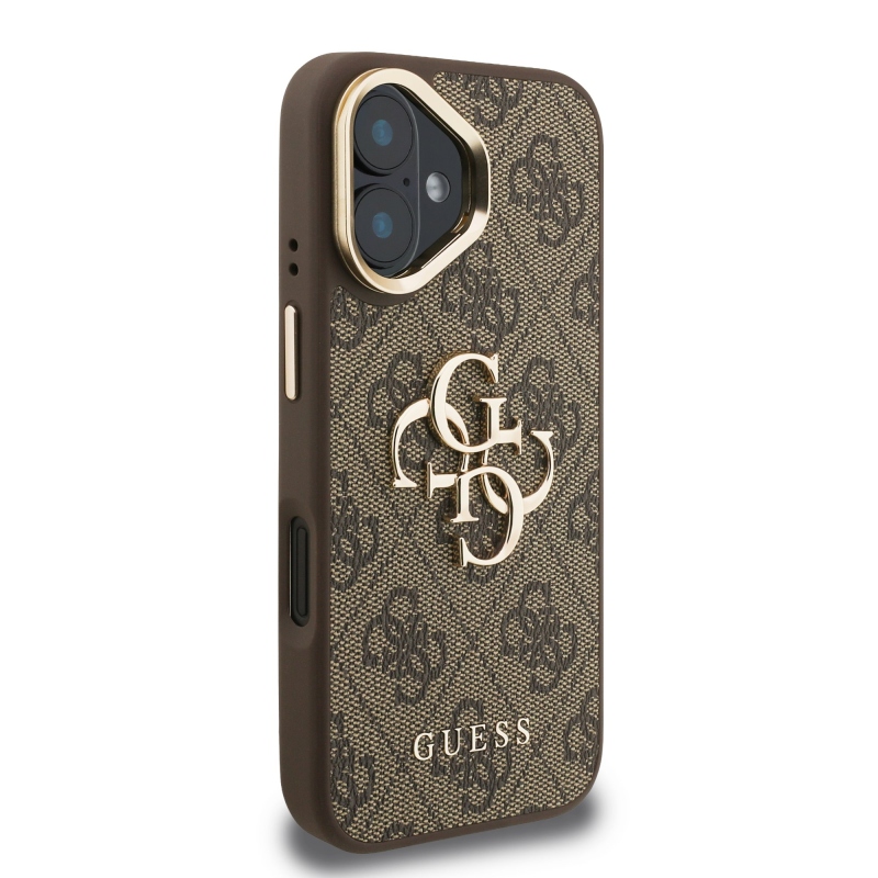 Guess PU 4G fém logó állvány kamera keret hátlap iPhone 16 barna barna