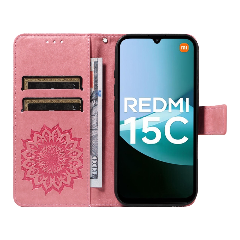 Napraforgó könyv tok Xiaomi Redmi 15C 4G/5G (173mm) - rózsaszínű