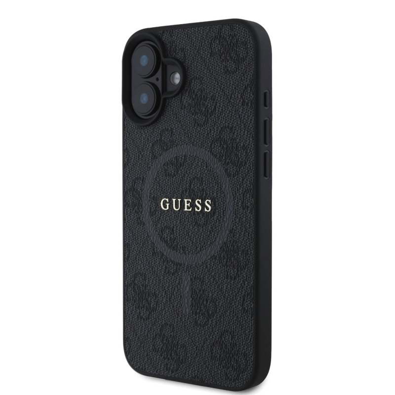 Guess PU bőr 4G színes gyűrűs MagSafe hátlap iPhone 16-hoz Fekete