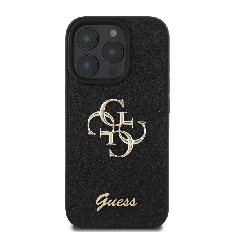 Guess PU Fixed Glitter 4G fém logó hátlap iPhone 16 Pro Fekete