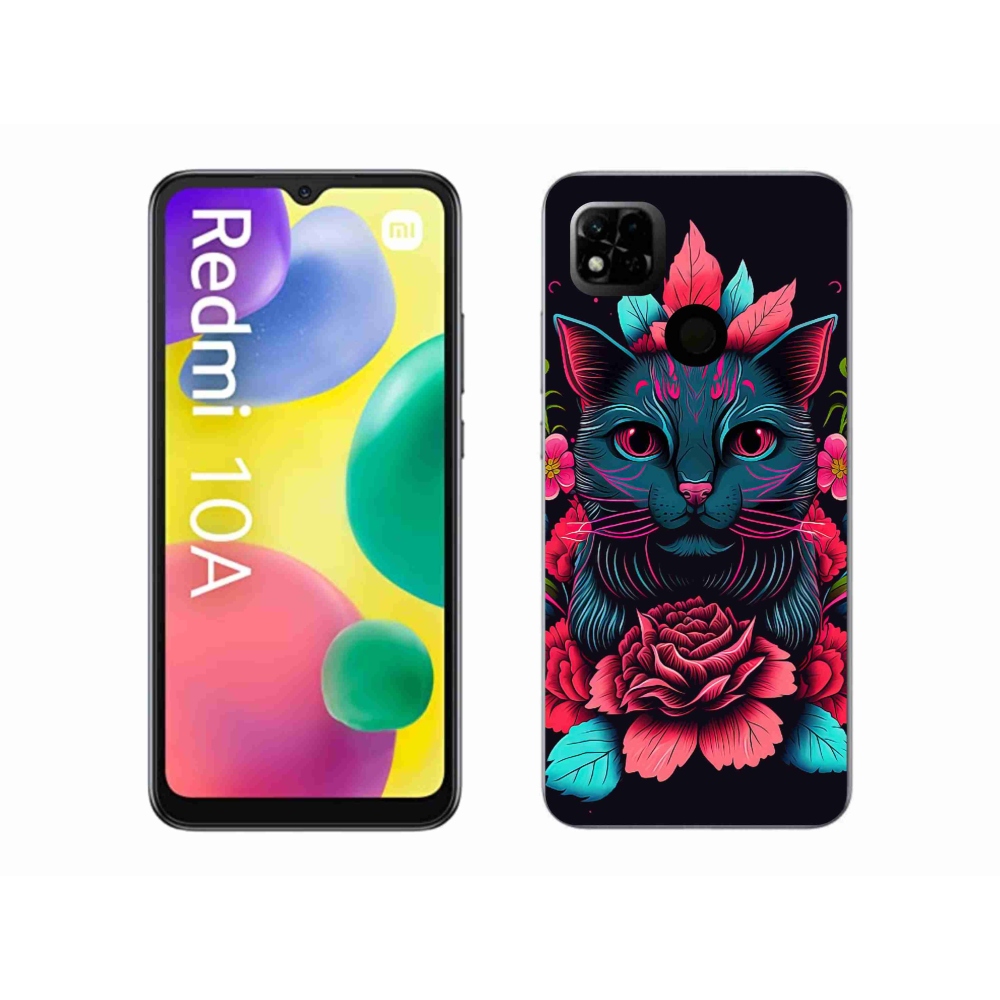 Gél borító mmCase a Xiaomi Redmi 10A számára - virágok és macska