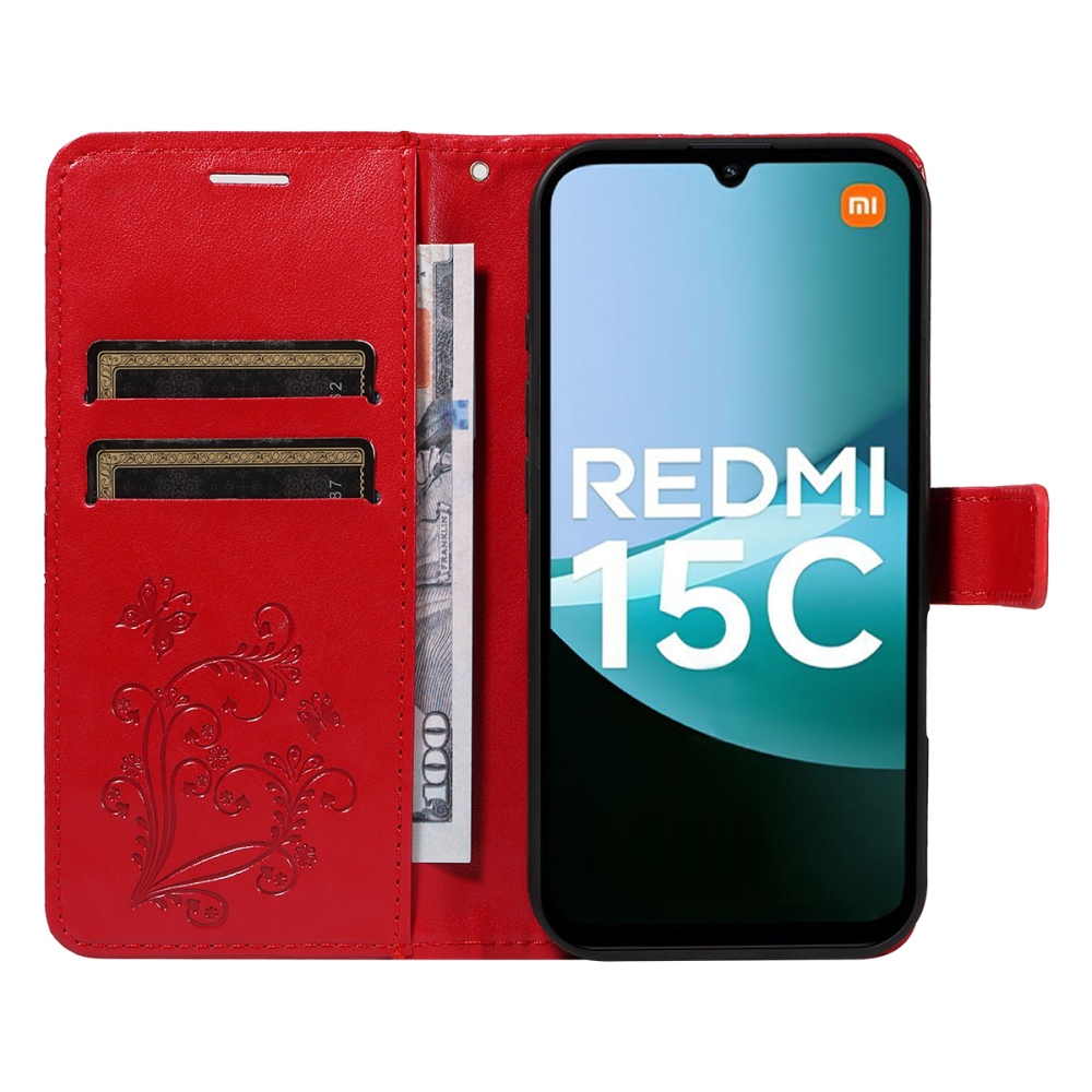 Nagy pillangó könyv tok a Xiaomi Redmi 15C 4G/5G (173mm) - piros