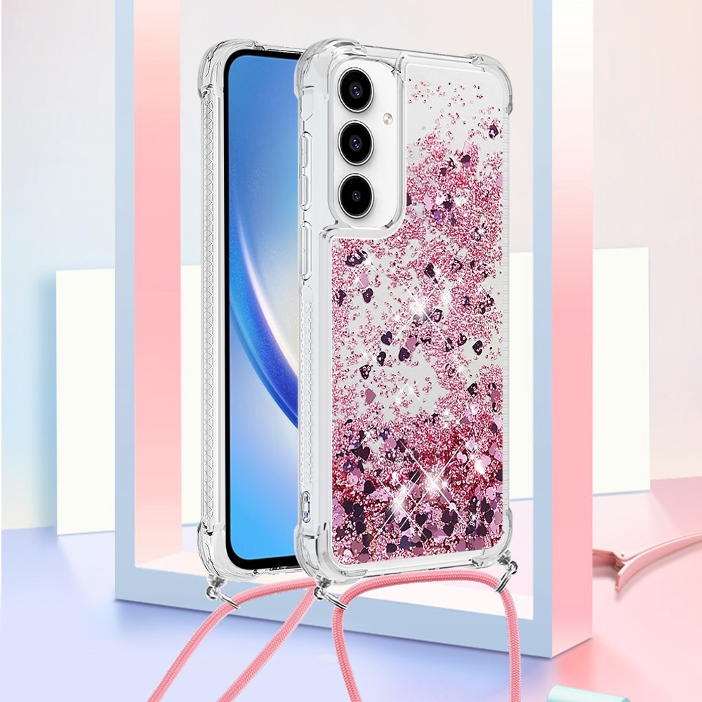 Csillogó homokóra zselés tok húzózsinórral Samsung Galaxy A56 5G - rózsaarany/szív