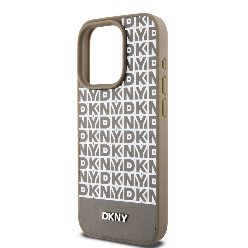 DKNY PU bőr Ismétlődő mintás alsó csík MagSafe hátlap iPhone 13 Pro barna színű iPhone 13 Pro számára