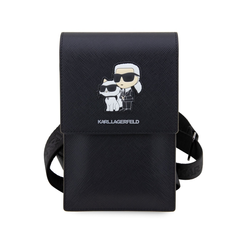 Karl Lagerfeld Saffiano fém logós NFT pénztárca telefon táska fekete